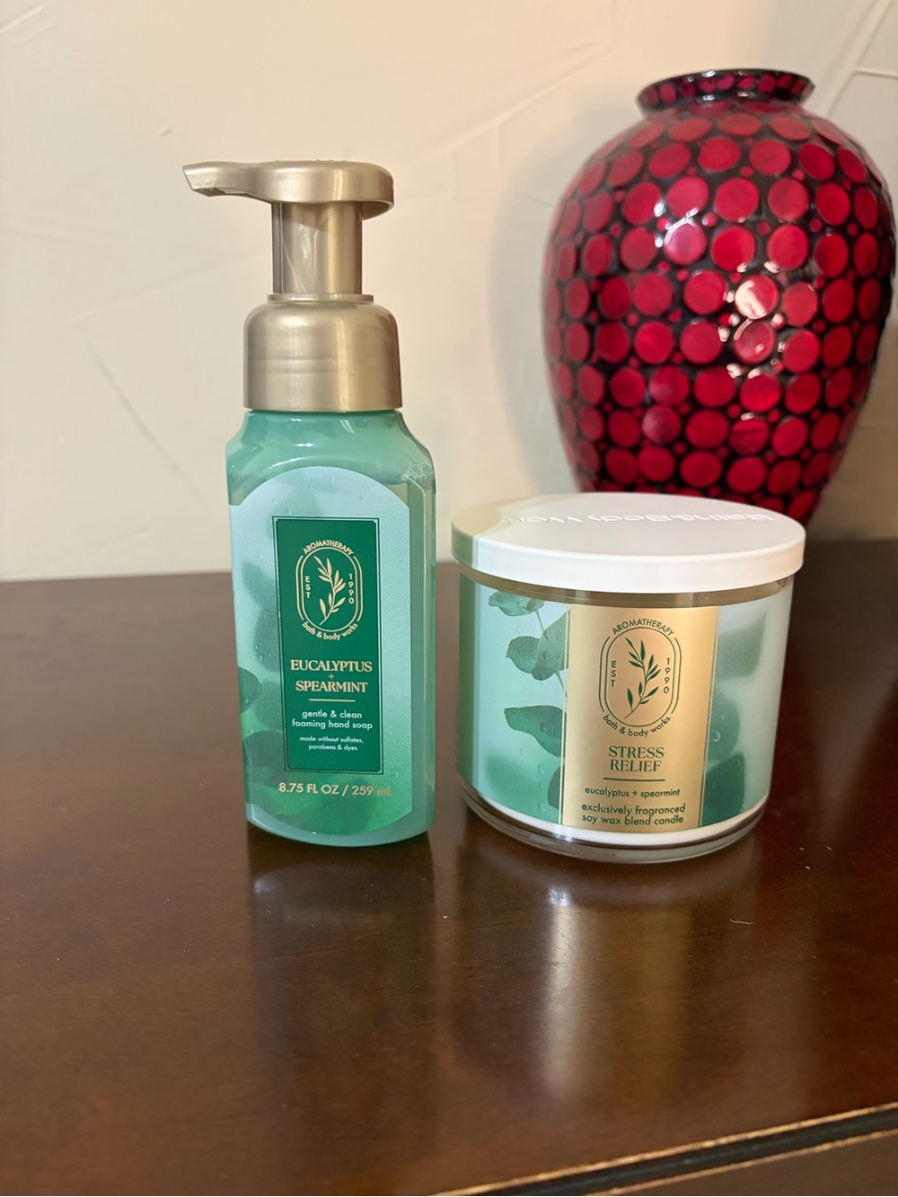 Bath & Body Works Eucalyptus Spearmint Foaming Hand Soap & 3 Wick Candle Set